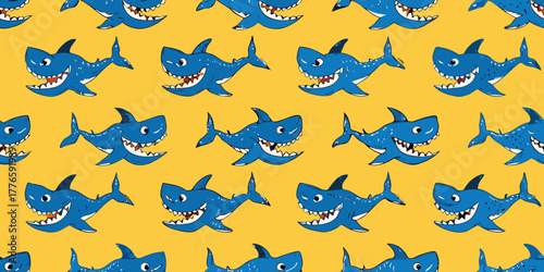 Seamless pattern of cute cartoon blue sharks with wide open mouths and sharp teeth on a yellow background