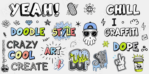 Collection of hand drawn graffiti style doodles and words with a cool urban vibe