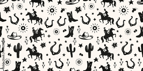 Whimsical western silhouette pattern featuring cowboys horses boots hats cacti and horseshoes