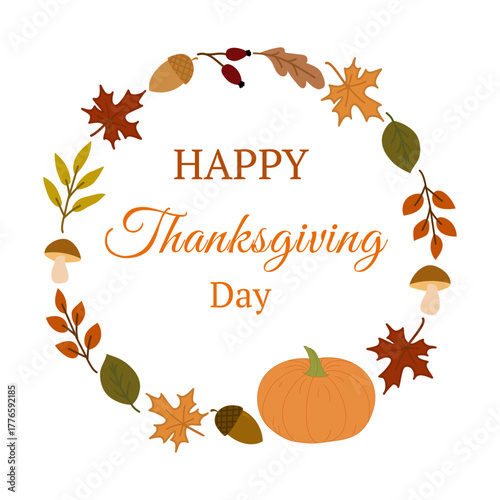 Decorative Thanksgiving wreath with autumn leaves, acorns, mushrooms, and a pumpkin celebrating the holiday