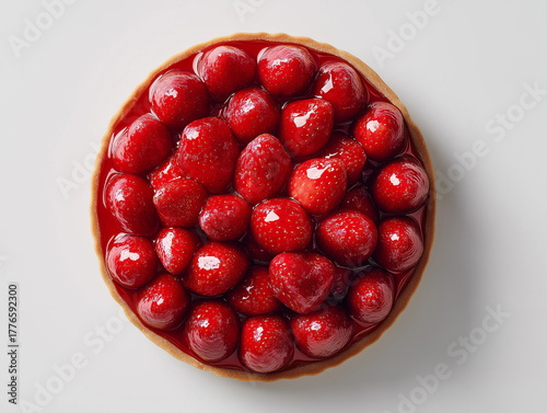 Top down view of strawberry tart with glossy red fruits on white background in studio lighting