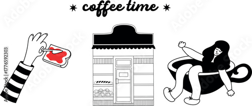 Vector doodle coffee scene with barista and café customers — minimalist line drawing for branding.