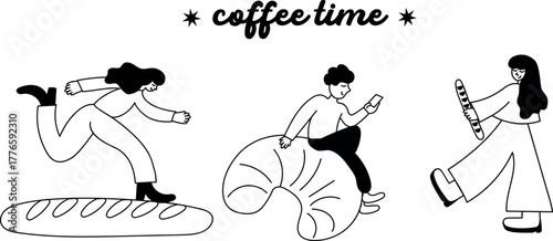 Clean black and white hand-drawn coffee icons and characters — perfect for sticker packs and patterns.