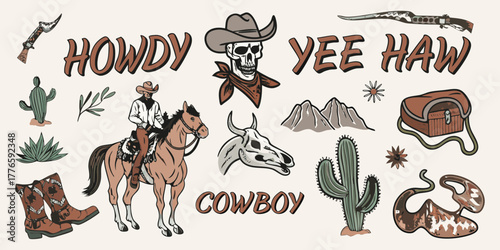 Western cowboy elements collection featuring horse rider skull cactus boots and text