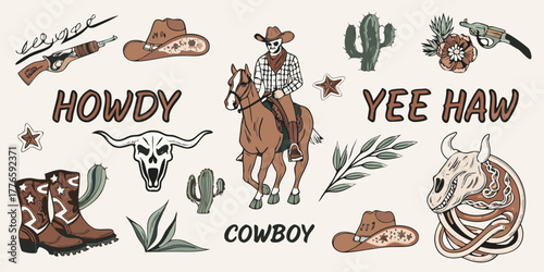 Western cowboy illustration with horse cowboy hat boots skull cactus and firearms in a hand drawn style
