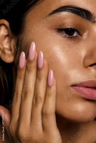 Close-up portrait of woman gently touching her radiant cheek. Natural beauty and skincare glow captured in warm studio light.