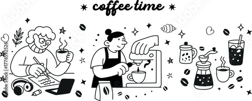 Quirky café vector illustration featuring big hands, mugs, and croissants — great for branding projects.