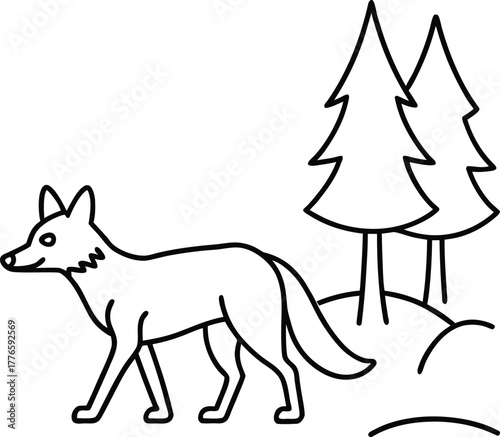 Fox walking through forest outline line art vector illustration