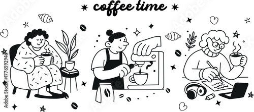 Black and white doodle café icons with funny coffee drinkers — perfect for menus and branding.