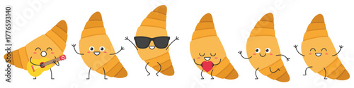 Set croissants cute character cartoon greet jump love run sing smile face cheerful kawaii joy happy emotions icon vector illustration.