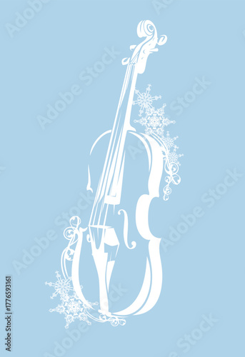 violin musical instrument decorated with snow flakes - white vector silhouette for winter season classical music event