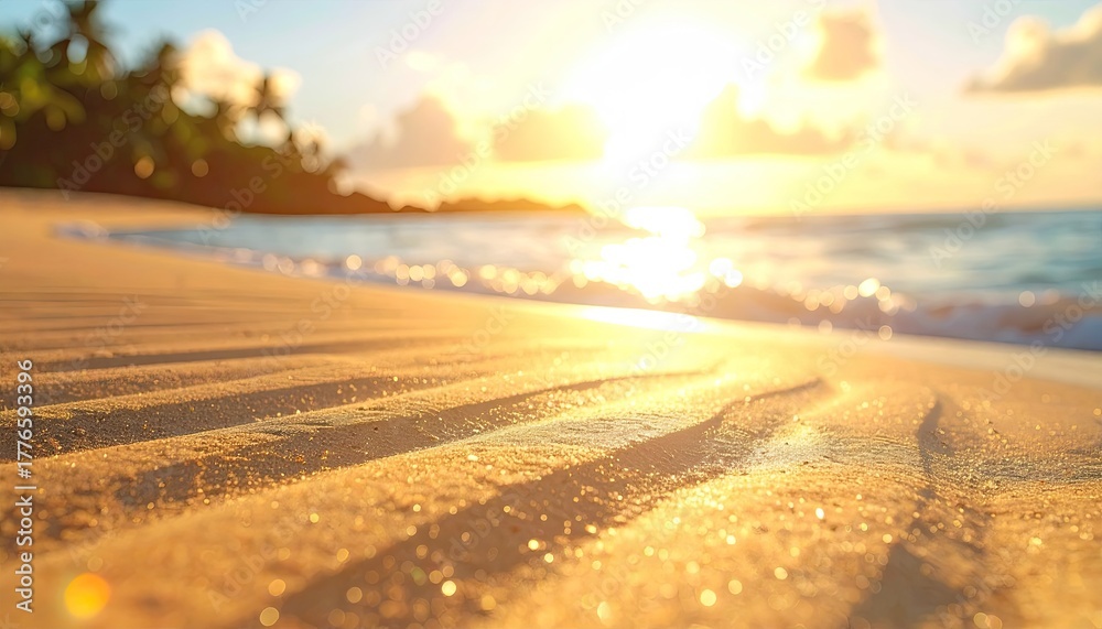 Fototapeta premium Golden Sand Beach Sunrise With Calm Turquoise Waves Gentle Ocean Surf In Soft Golden Sunlight With Palm Trees In The Background Creating A Serene Tropical Paradise Scene