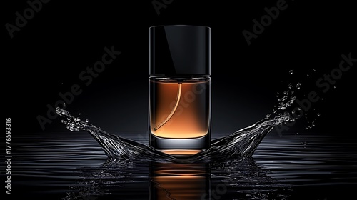 Amber perfume bottle in water splash