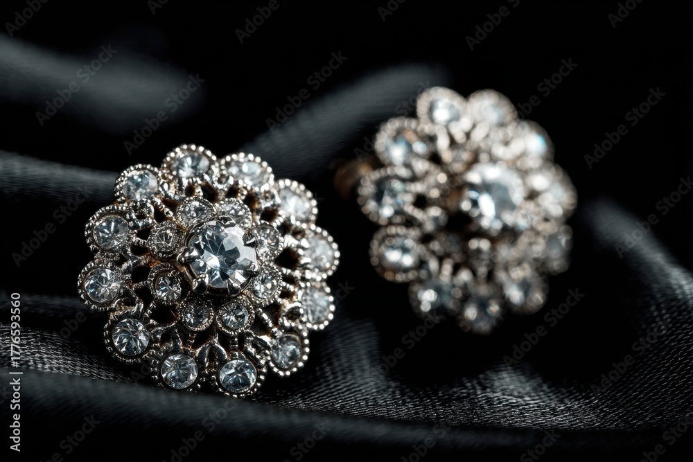 Fototapeta premium Close up of two silver filigree diamond earrings on dark fabric
