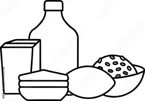 Scalable vector illustration of vegan food products tofu soy milk beans and almonds