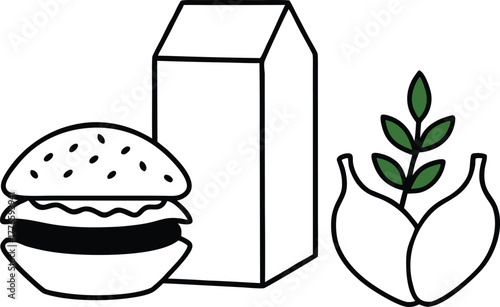 Vegan burger plant milk tofu avocado healthy food vector illustration icon graphic