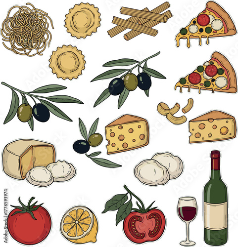  Hand drawn italian food set. Mediterranean lunch and dinner doodle icons. Pasta, olive, pizza, cheese, tomato, lemon, wine. Dolce vita aesthetics. Perfect for print, design menu, sticker. vector art 