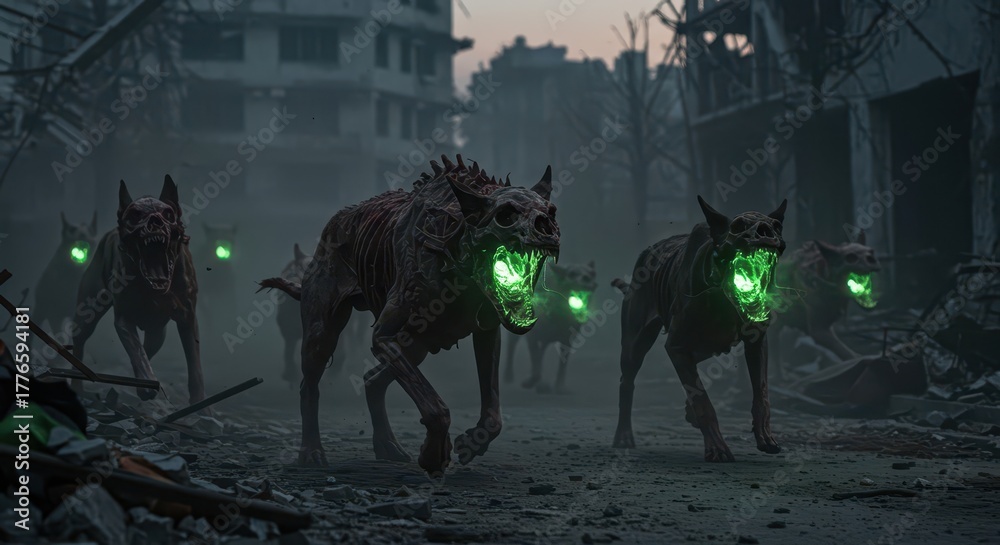 Fototapeta premium Grotesque, monstrous canines with glowing green mouths advance through a desolate urban ruin