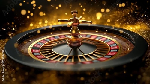 Gold-lit roulette wheel!. A roulette wheel spins, surrounded by golden lights and sparkles, creating an atmosphere of thrill and anticipation.