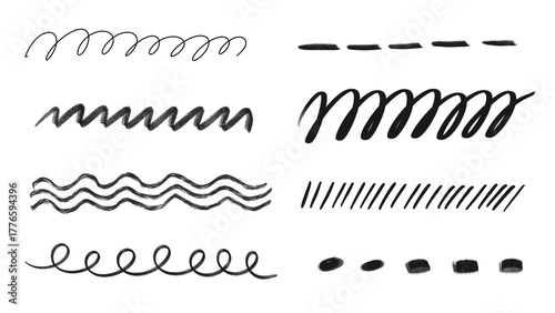 Billede på lærred Set of hand-drawn black underline doodle and divider lines on transparent background