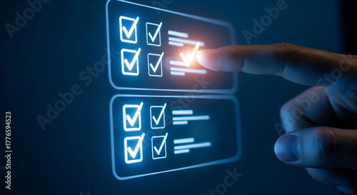 Satisfied user completing critical tasks on a digital checklist interface, achieving goals with glowing checkmarks and modern technology