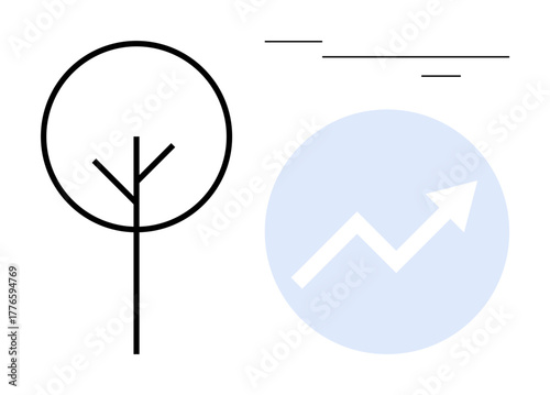 Minimal tree beside upward arrow in blue circle with abstract lines, representing growth, sustainability, and progress. Ideal for ecology, economy, business, strategy, environment innovation simple