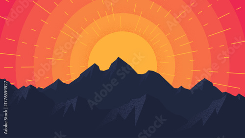 Mountain sunrise illustration. Vector background in flat style