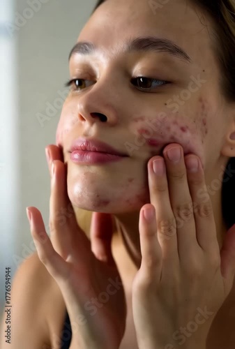 Young woman with acne gently applying cream on her cheeks, focusing on problem skin treatment and dermatological care. Realistic and emotional moment.