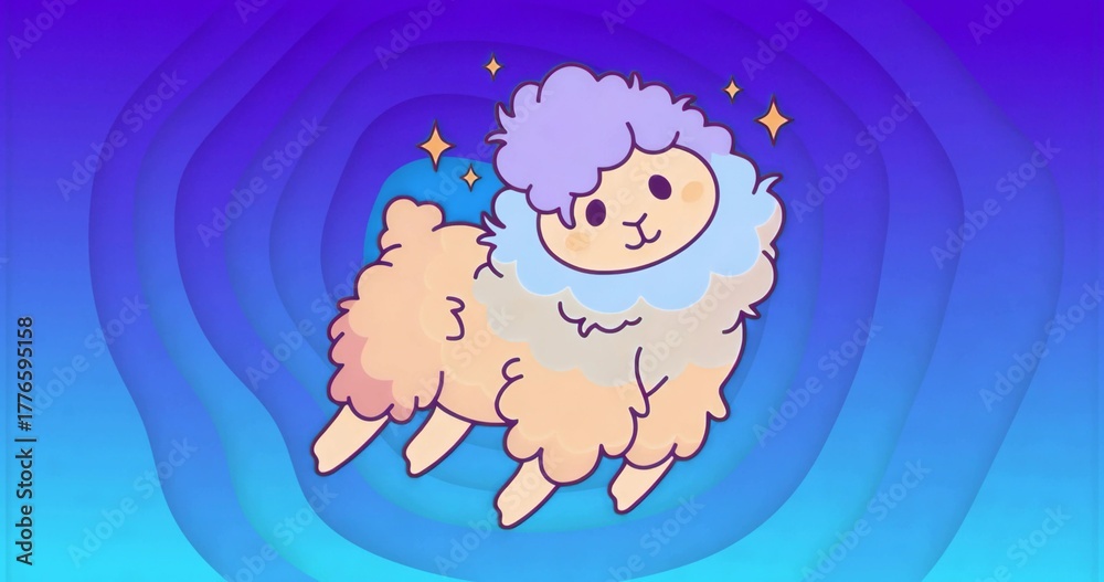 Fototapeta premium Floating pastel fluffy alpaca-like creature drifting above gradient rings, with sparkling stars
