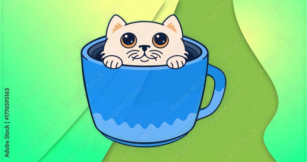 Obraz premium Cartoon cat peeking over rim of blue ceramic mug in abstract background, featuring gradient shapes