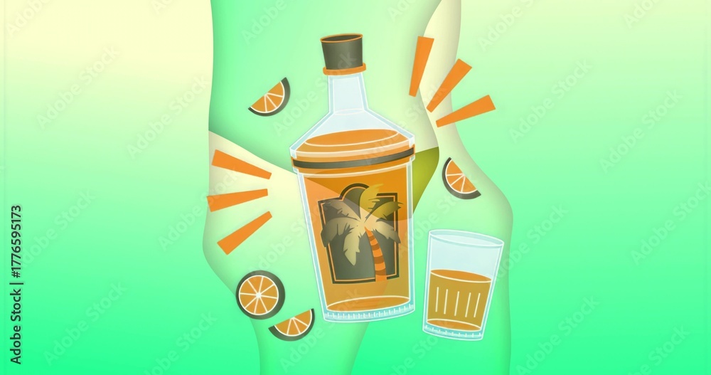 Obraz premium Showing palm-tree labeled bottle of amber drink in green gradient, with tumbler glass orange slices