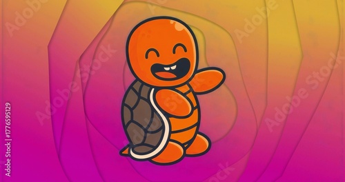 Cheerful orange cartoon turtle waving on layered gradient backdrop, with toothy grin