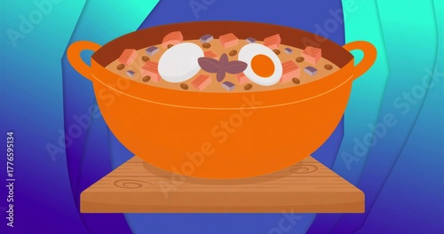 Featuring bright orange cooking pot simmering stew on wooden board, with egg halves and star anise