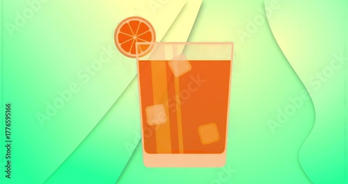 Displaying glass holding orange drink at abstract background, with ice cubes, straws, orange slice