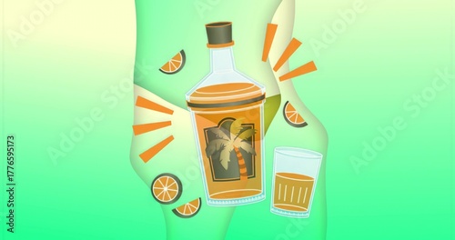 Showing palm-tree labeled bottle of amber drink in green gradient, with tumbler glass orange slices