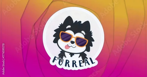 Fototapeta Displaying dog wearing sunglasses and sticking tongue out in white circular sticker showing FURREAL