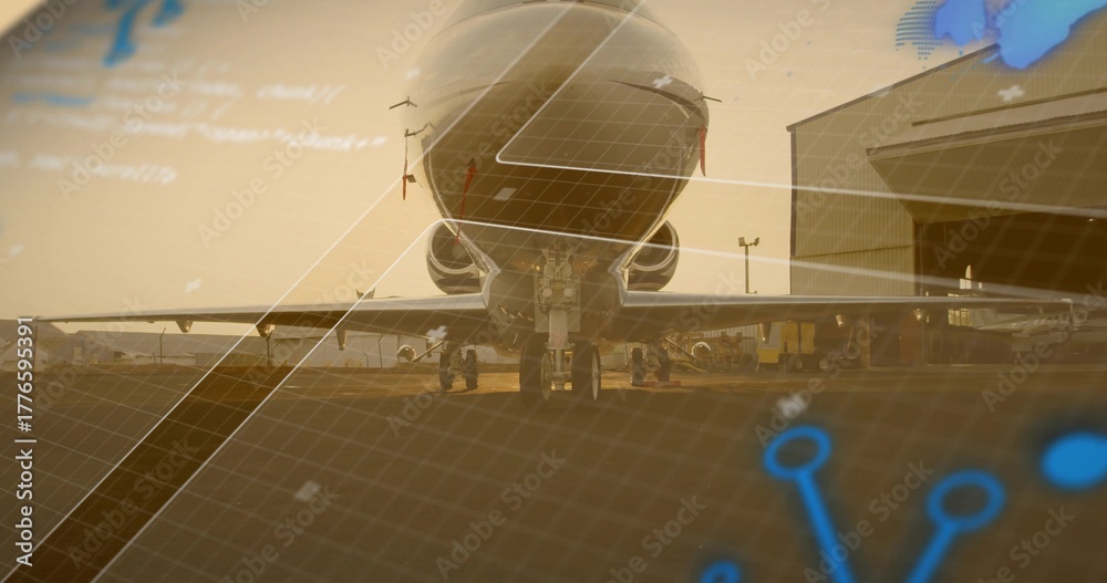 Fototapeta premium Presenting commercial jet sitting head-on on tarmac at golden hour, with hangar, map interface