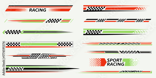 Collection of sport racing decals and stickers with checkered flags and stripes