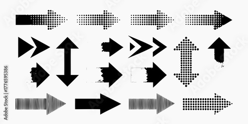Collection of diverse black arrow icons with different textures and styles on a white background