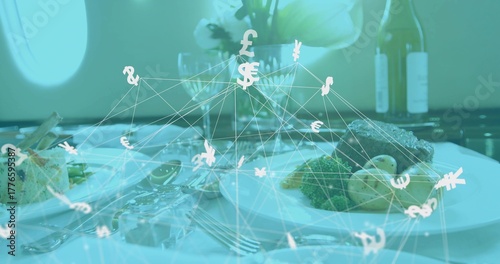 Floating currency network hovering above jet cabin dining table, with gourmet plates and cutlery