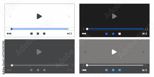 Collection of four minimalist video player interfaces with different color themes and controls
