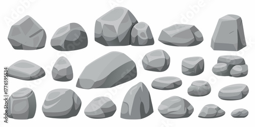Collection of various gray cartoon rocks and stones isolated on white background