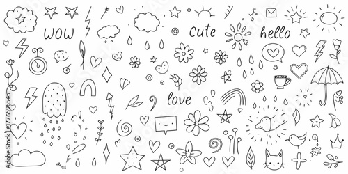 Collection of hand drawn doodle elements including hearts stars clouds flowers and weather symbols