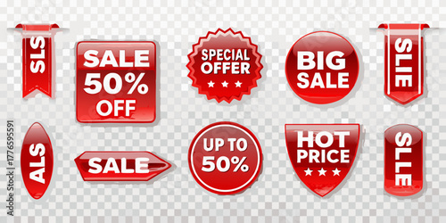 Collection of red sale tags and labels with discount offers and special promotions