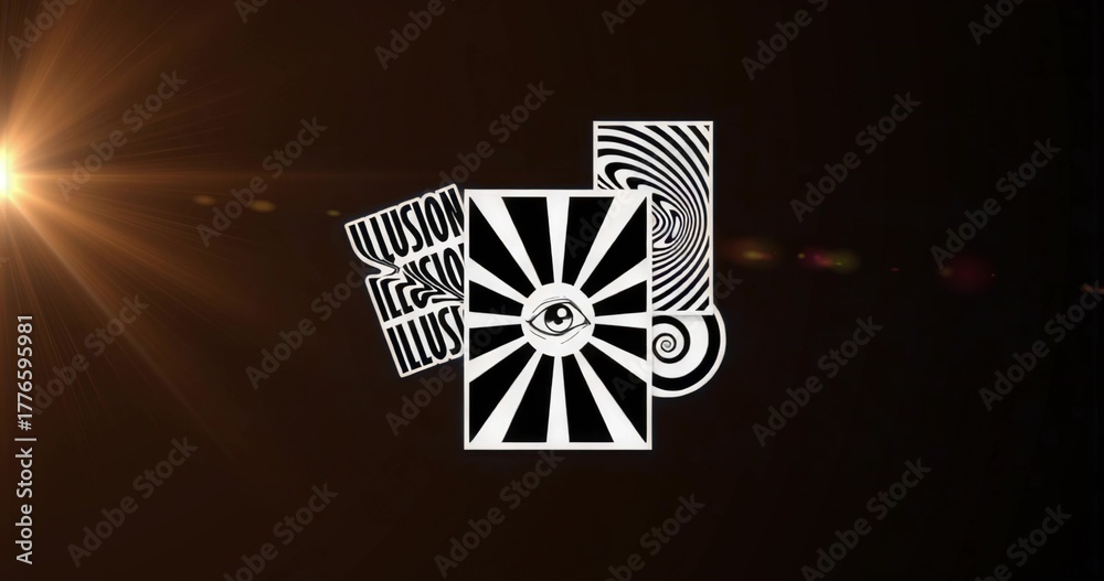 Fototapeta premium Floating trio of black-and-white illusion cards glowing on dark studio backdrop, lens flare shining