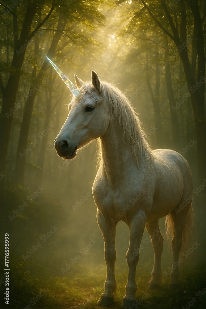 Obraz premium Ultra realistic crystal unicorn in glowing forest light with soft mist, HDR cinematic fantasy look, sharp focus, perfect stock photo quality. 