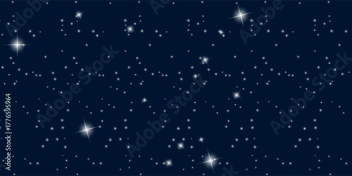 Starry night sky space seamless pattern. Galaxy shiny stars background, fabric seamless print or textile vector background. Wrapping paper space pattern or wallpaper with comet, glowing constellations