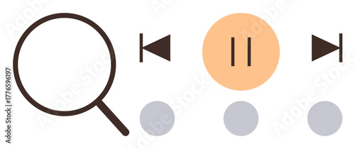 Magnifying glass, backward, pause, and forward buttons with circular flat design elements. Ideal for media control, research, navigation, user interface, simplicity conceptual design minimalism