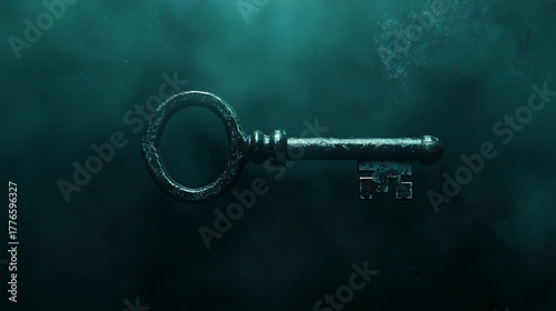 Antique key in mystical teal depths