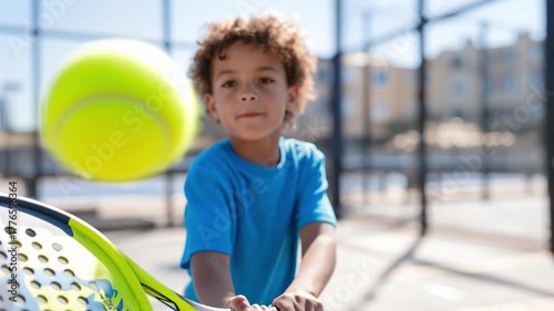 smiling boy hitting a tennis ball with a padel racket during outdoor game